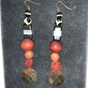 Beaded, wood and gold long earrings
